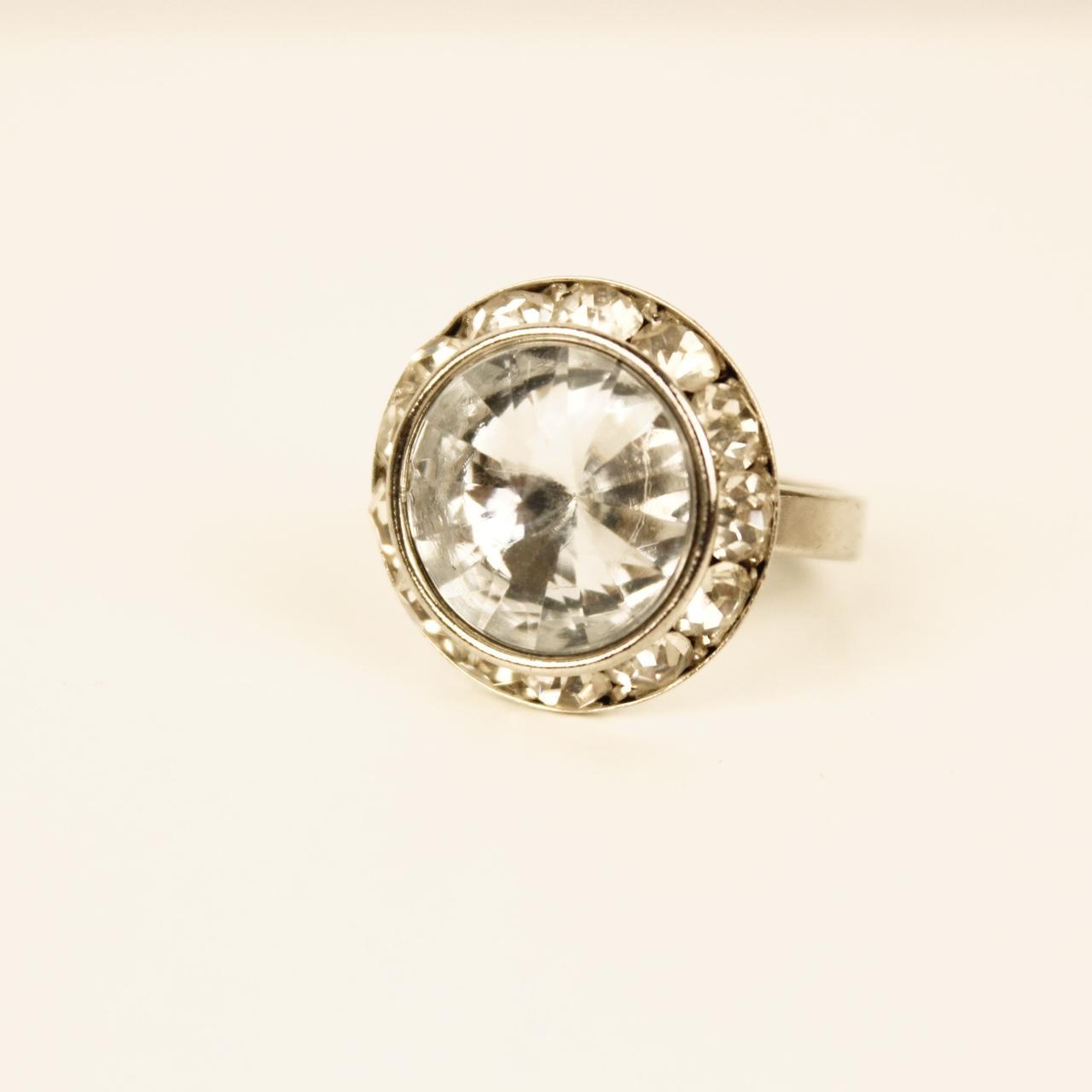 Silver Tone Cocktail Ring Size R Round Cut Clear Cluster Statement Glamour