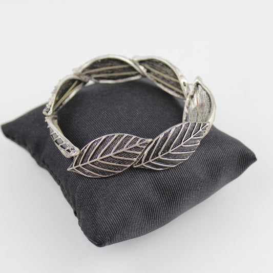Silver Expandable Bangle Bracelet Leaf Pattern Adjustable Je