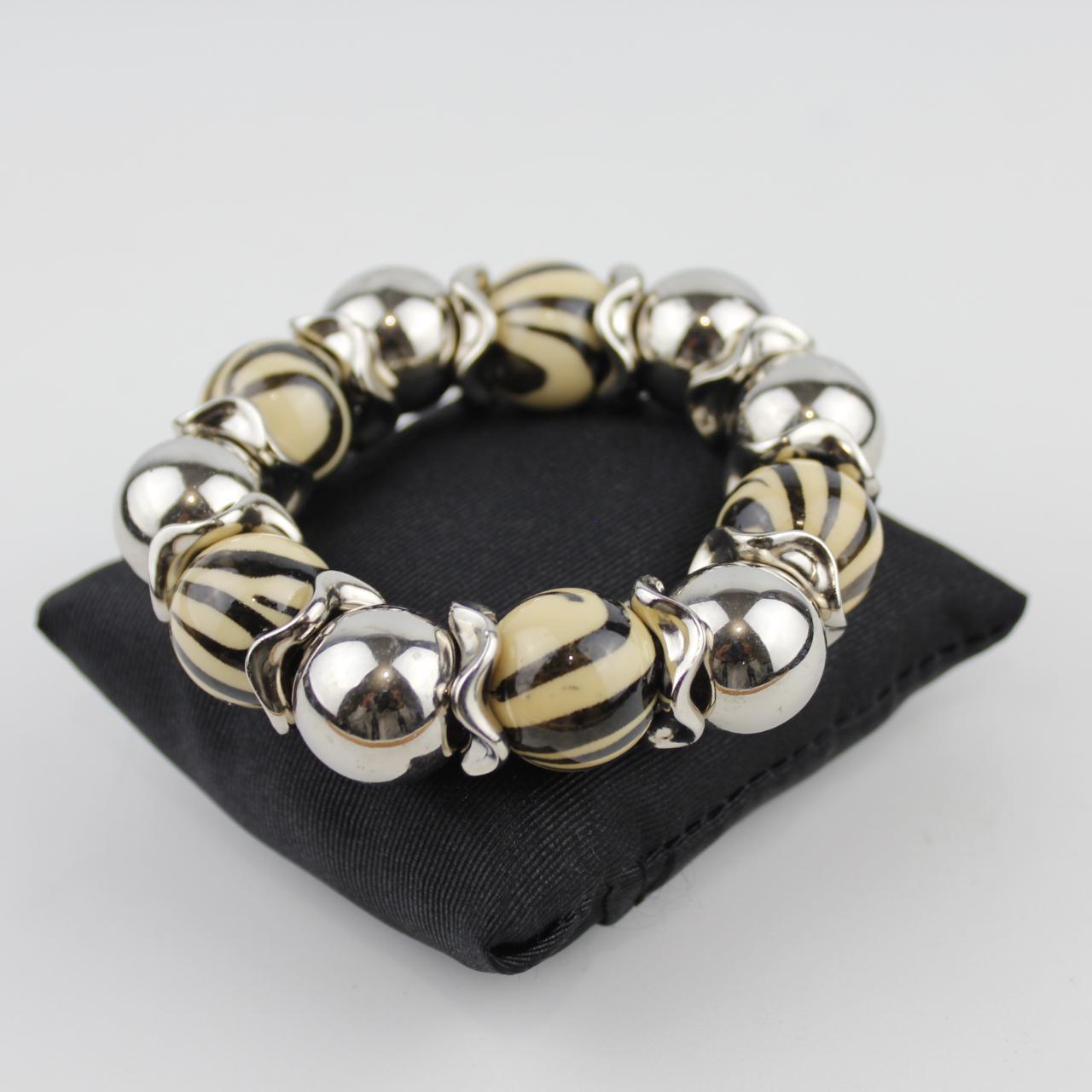 Stylish Silver and Striped Beaded Bracelet with Black and Be