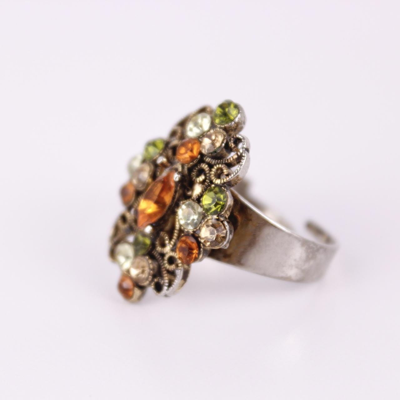 Silver Tone Filigree Cocktail Ring Amber Green Stones Adjustable Statement Jewel