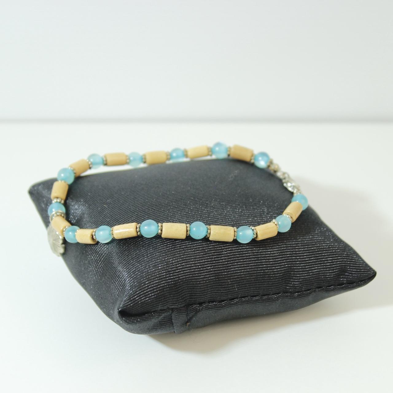 Silver Tone Blue Beaded Charm Bracelet Wood Tube Spacer Beads Flower Pendant
