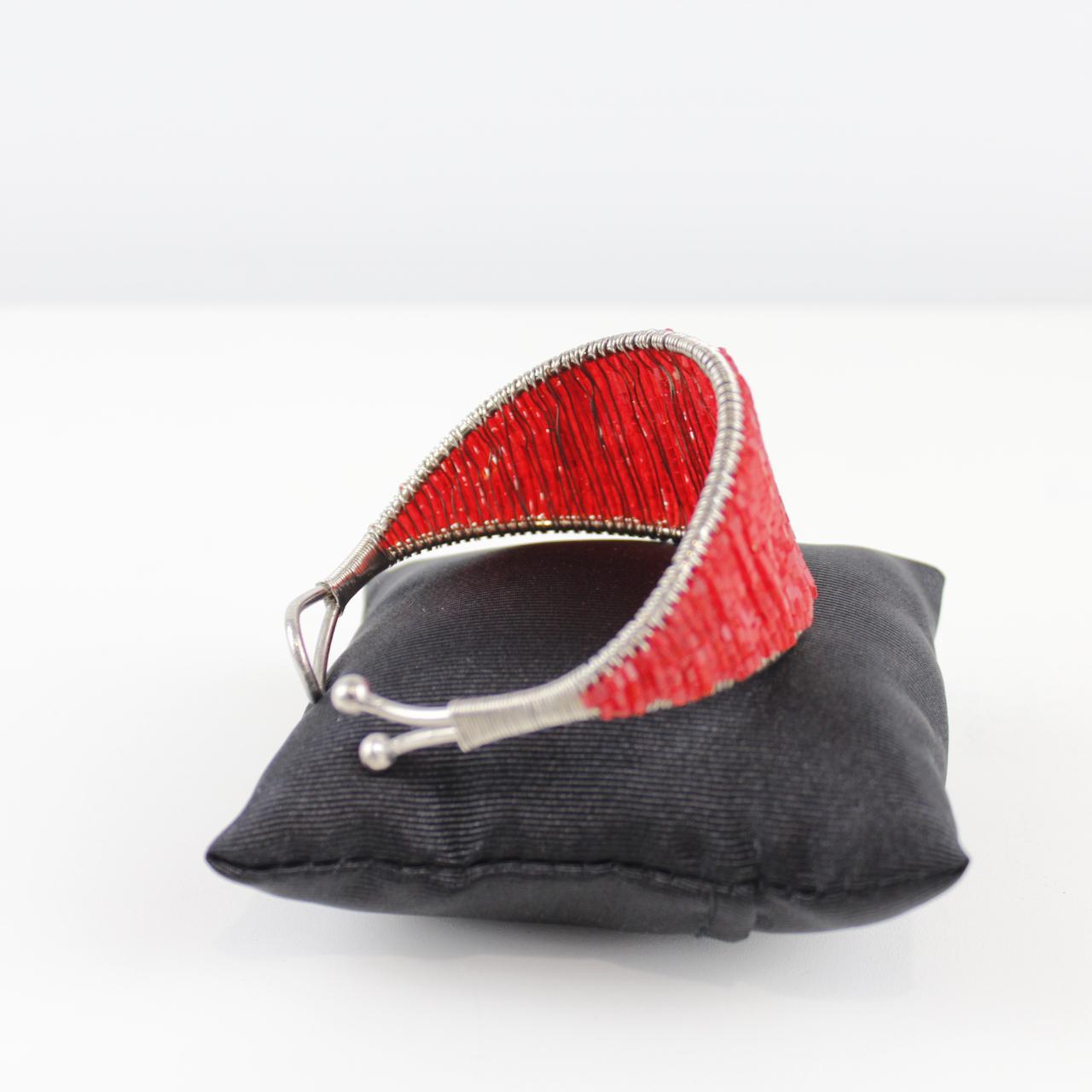 Red Coral Bead Bracelet - Silver Wire Wrapped - Unique Desig