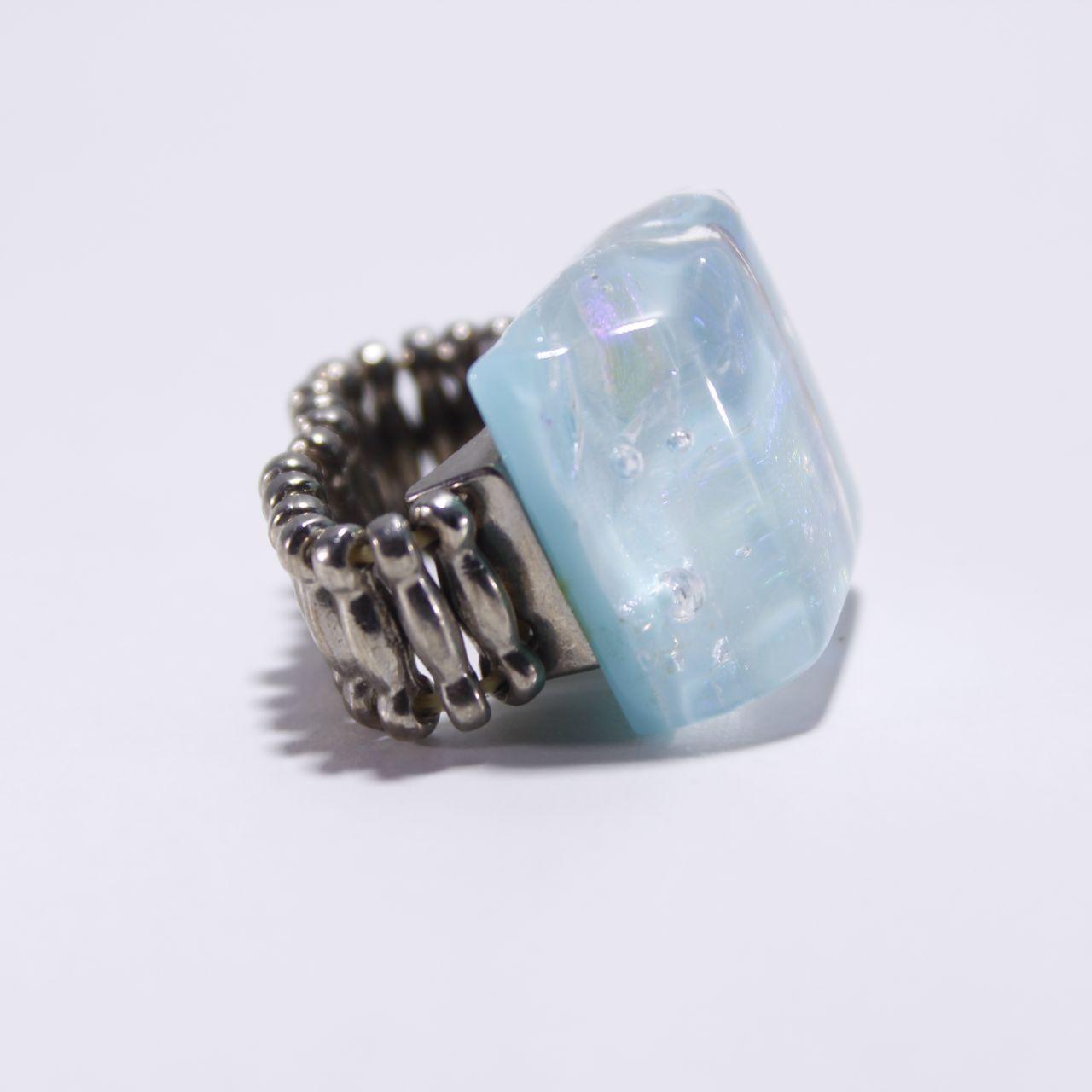 Chunky Square Opalite Stretch Ring Accordion Band Blue White
