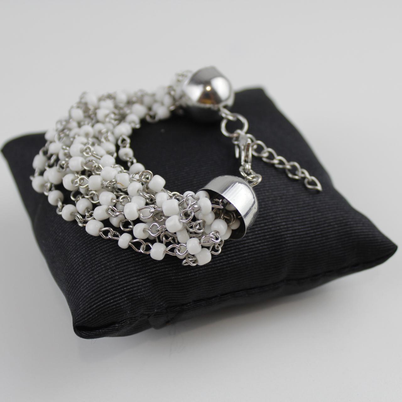 Multi-Strand White Seed Bead Bracelet Silver Tone Dangle Fas