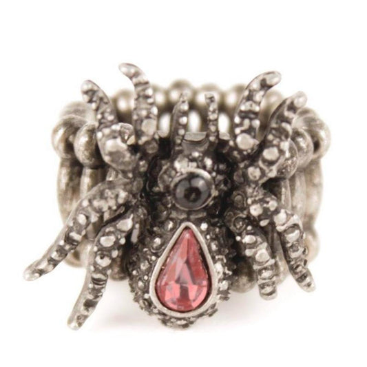 Spider Ring Pink Rhinestone Silver Tone Beaded Stretch Band Gothic Statement Jew