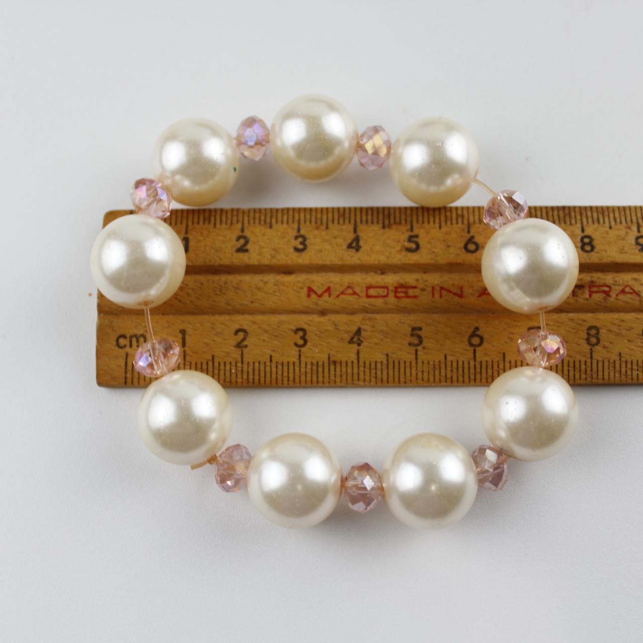 Vintage Faux Pearl & Pink Crystal Bracelet Stretch Beaded Je