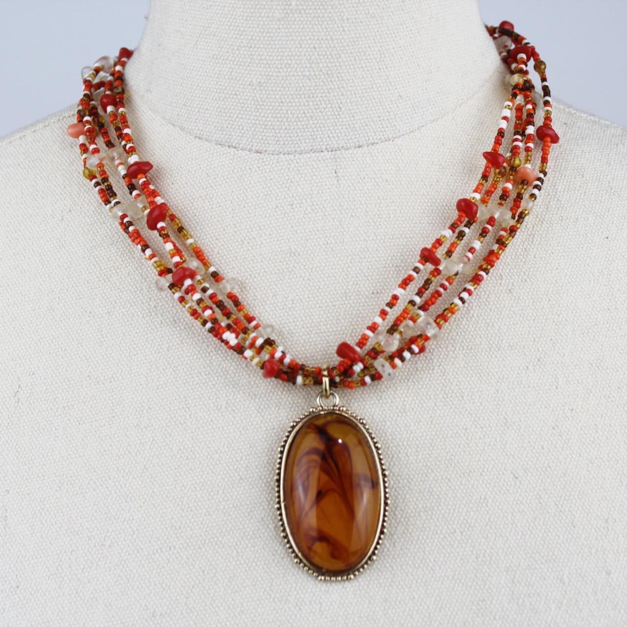 Multistrand Beaded Necklace Red Orange White Beads Marbled P