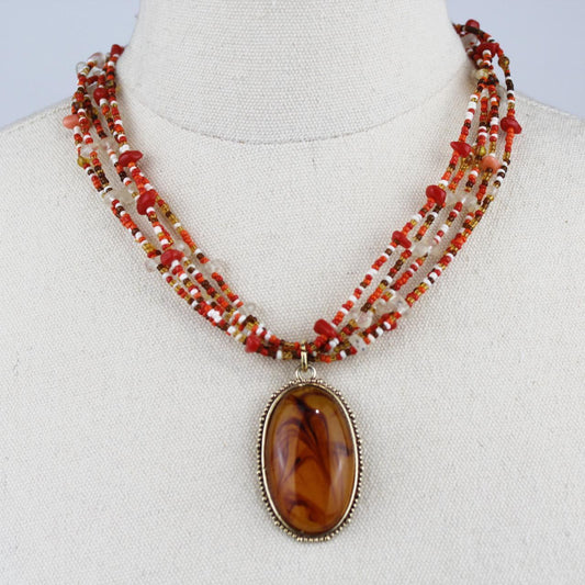 Multistrand Beaded Necklace Red Orange White Beads Marbled P