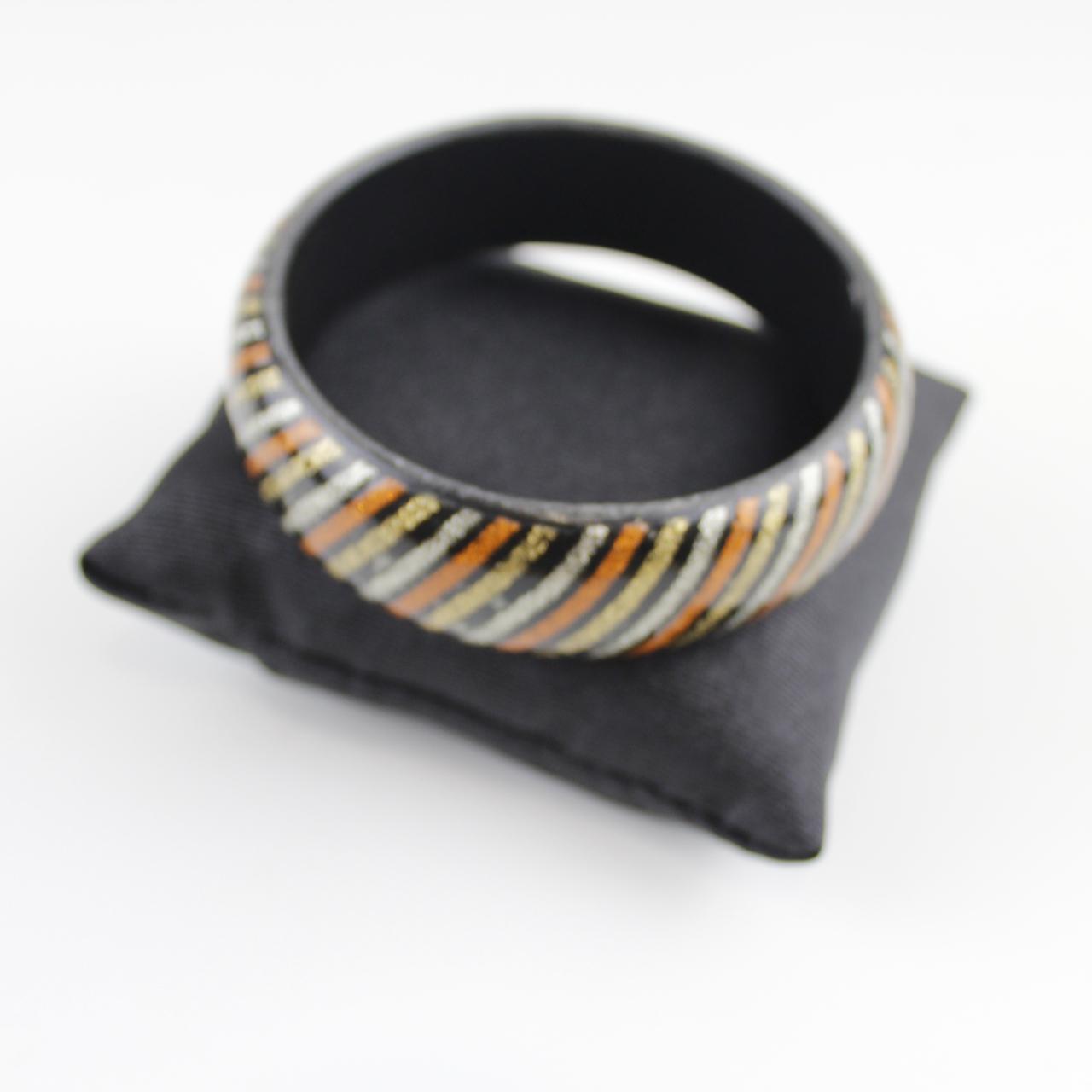 Black Chunky Bangle Bracelet with Glitter Stripes - Colorful