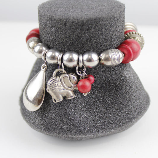 Red and Silver Tone Bead Stretch Bracelet Silver Tone Elepha
