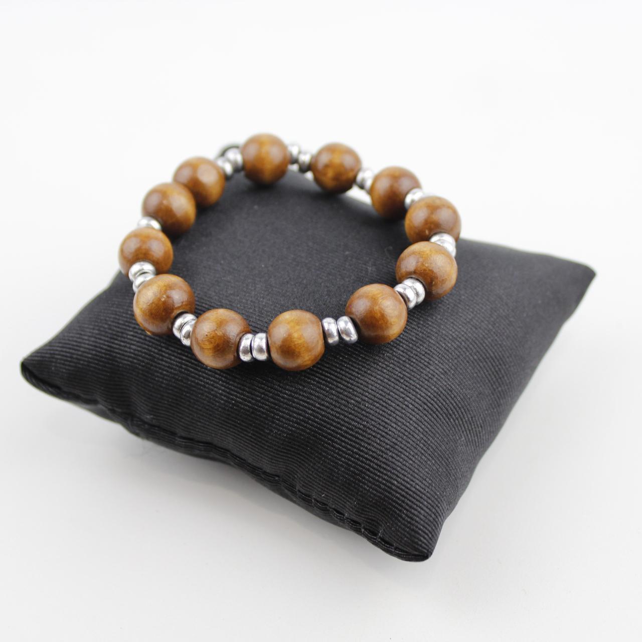 Stretch Wooden Bead Bracelet Brown Silver Spacer Jewelry Fas