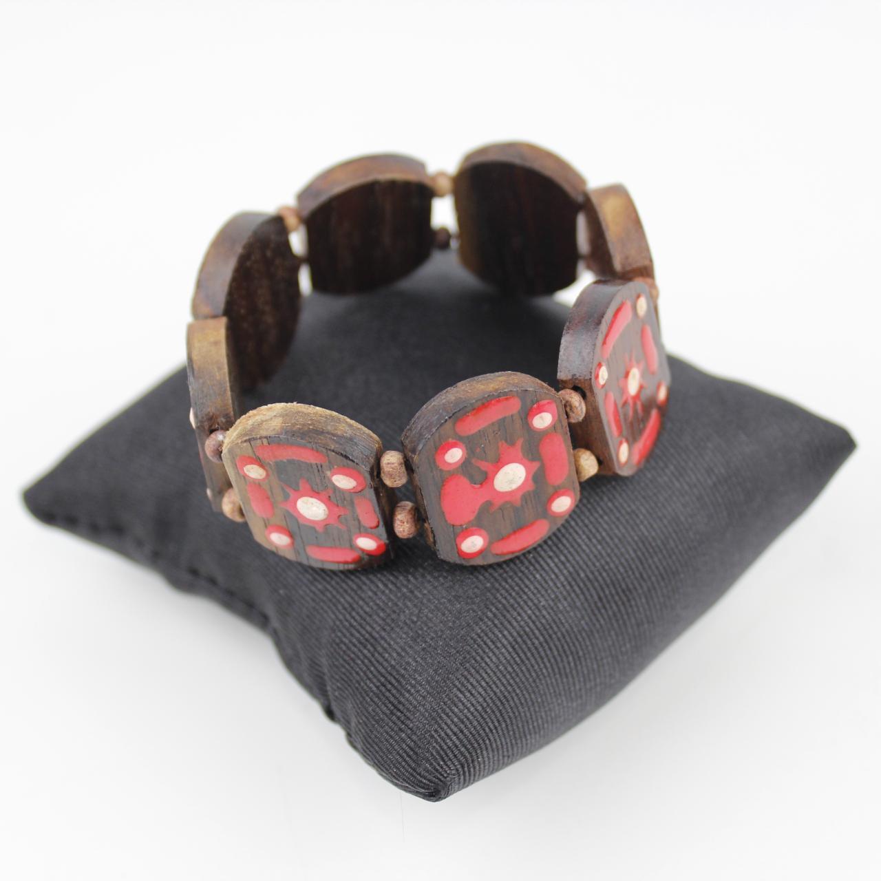 Handmade Wooden Bracelet Red White Inlay Design Ethnic Jewel