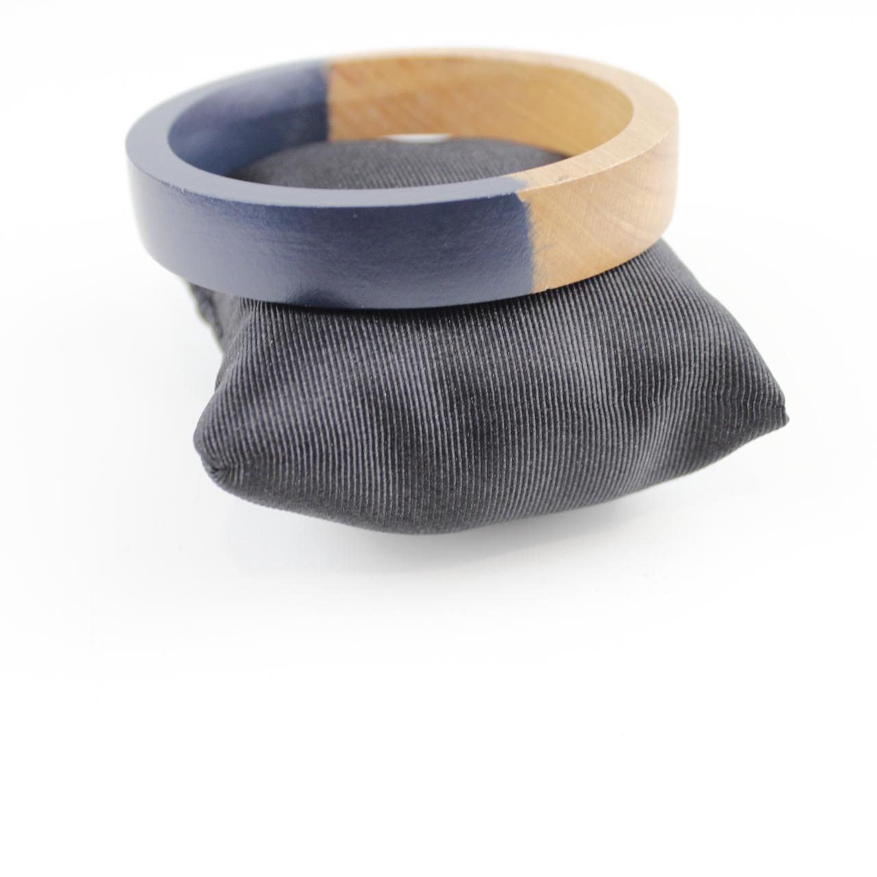 Color Block Bangle Bracelet Navy Blue & Natural Wooden Fashi
