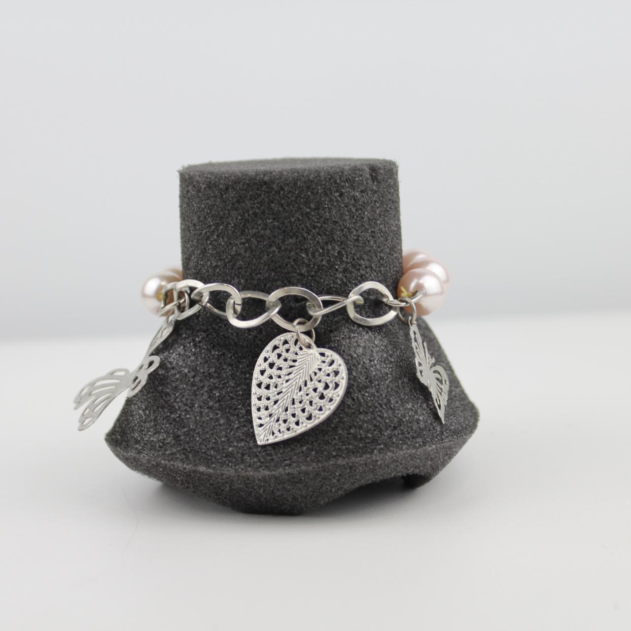 Pink Pearl Bracelet Silver Chain Butterfly Heart Charm Jewel