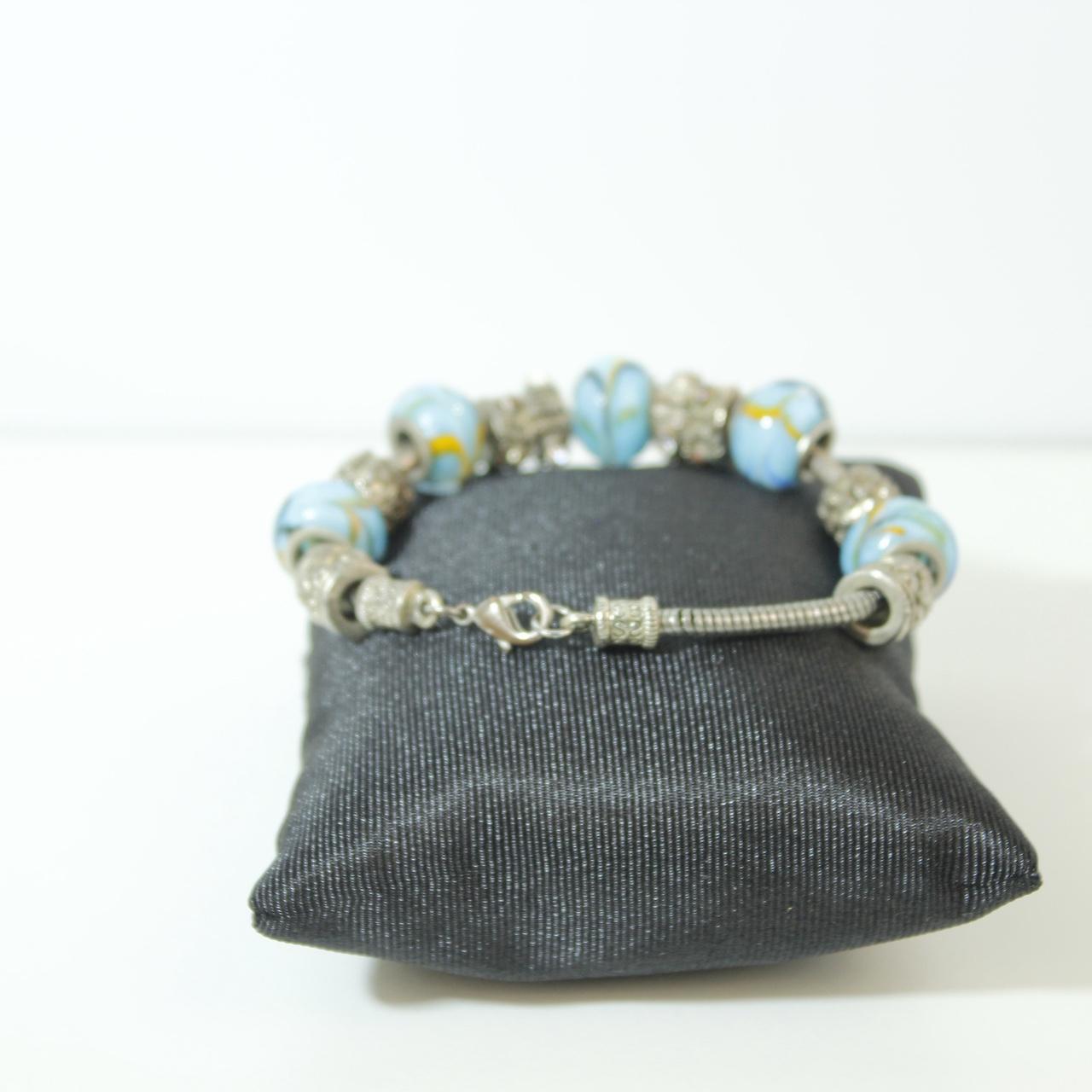Light Blue Floral Glass Bead Charm Bracelet Silver Tone Clear Rhinestone Spacers