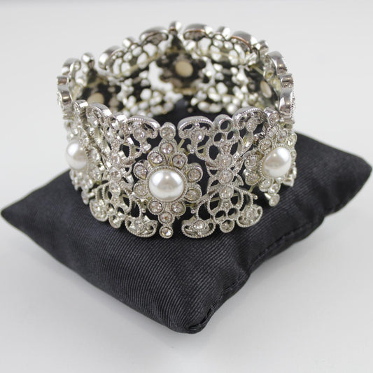 Stretch Bracelet Faux Pearls & Clear Stones Silver Tone Wide