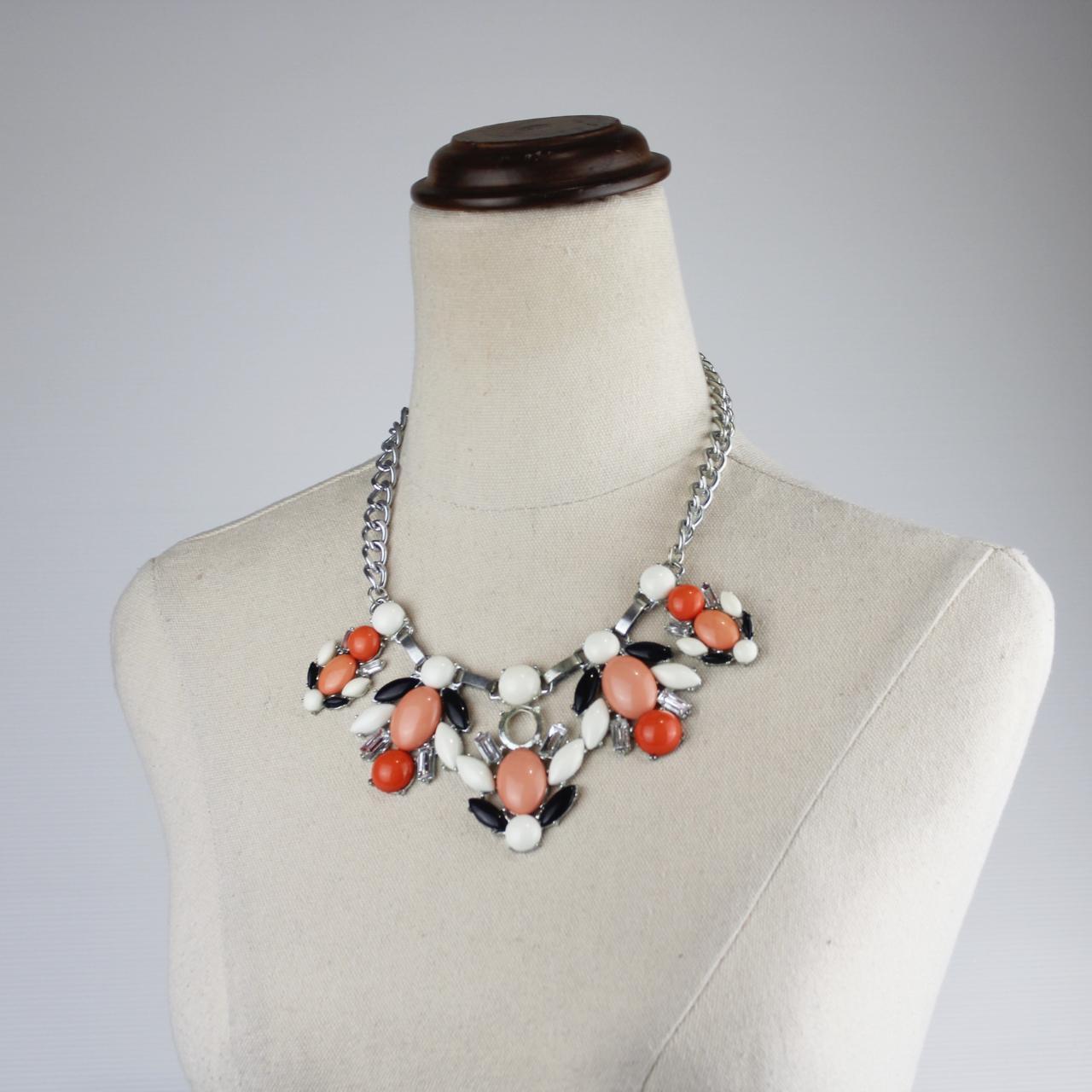 Statement Necklace Silver Chain Orange Peach Cabochons Black