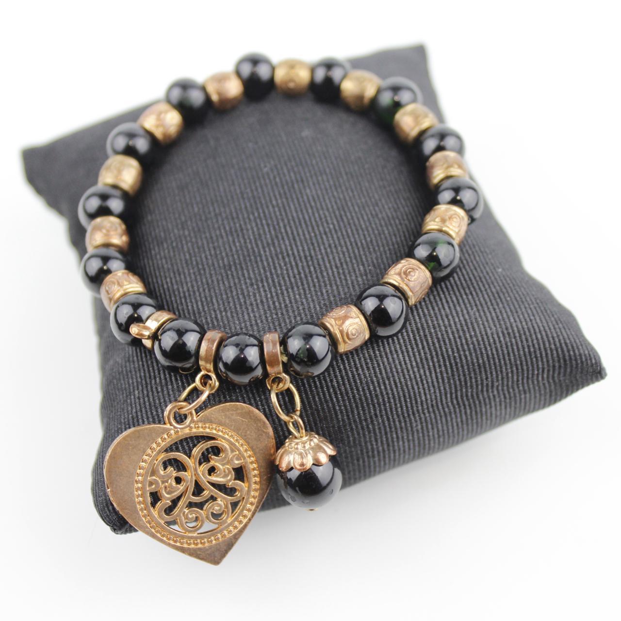 BlackBead Bracelet Gold Tone Spacer Heart Charm Jewelry Fash