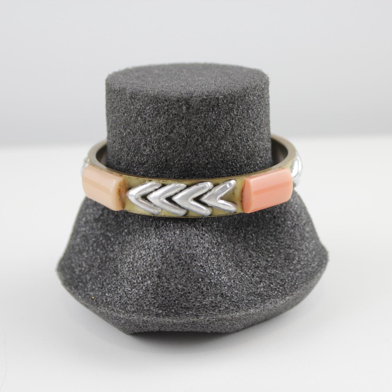 Bohemian Gold-Tone Bangle Bracelet Coral Inlay Silver Chevro