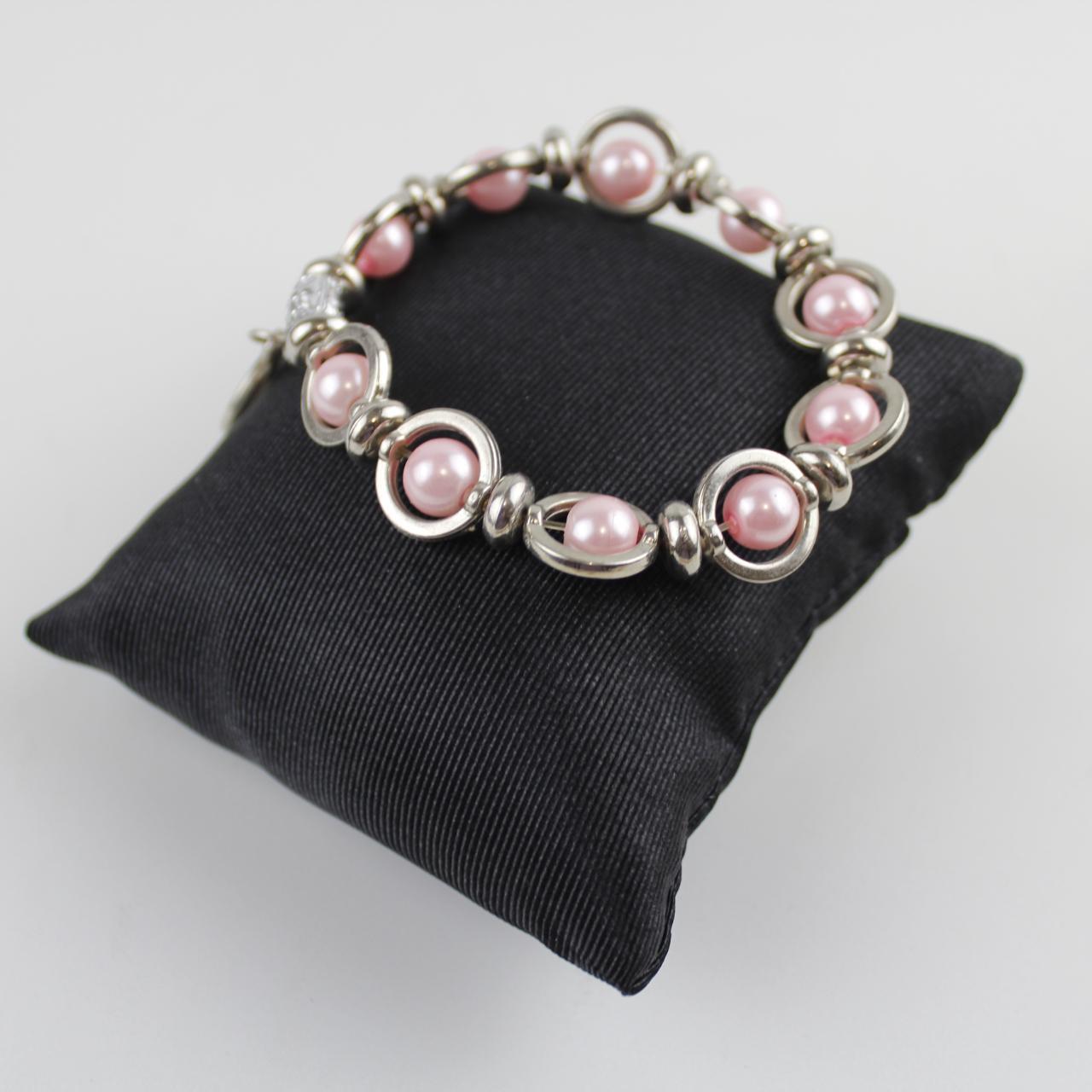 Pink Pearl & Silver Peace Sign Charm Bracelet Beaded Fashion