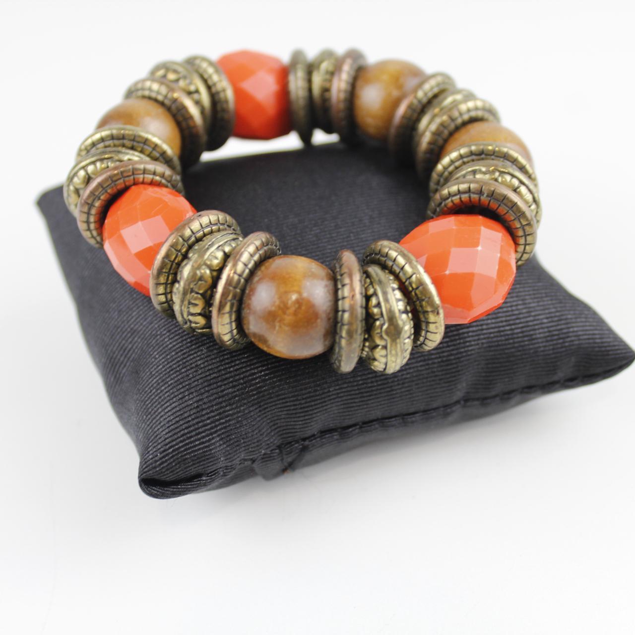 Boho Wood & Orange Bead Stretch Bracelet Chunky Statement Co