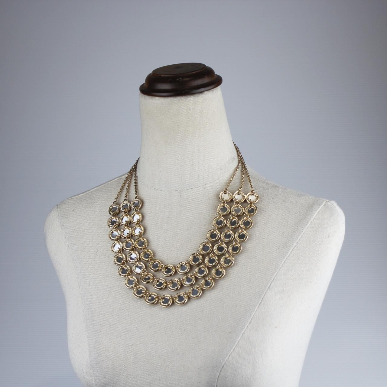 Multi Strand Statement Necklace Gold Mirror Medallions Refle