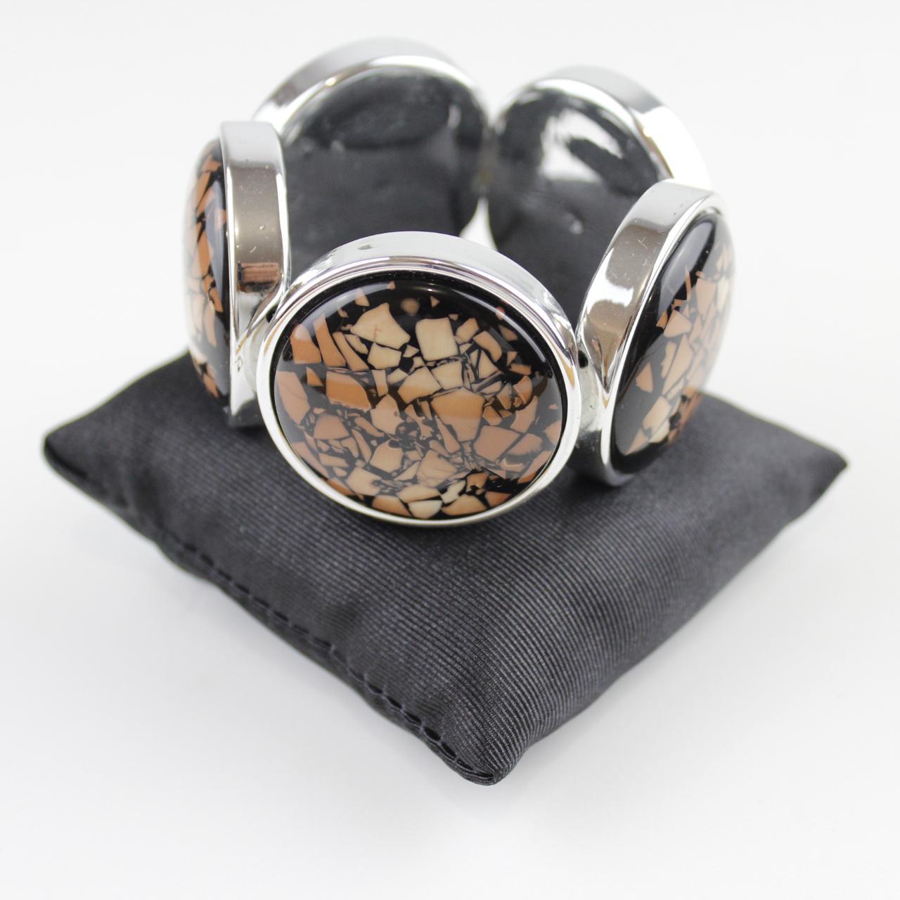 Bold Cabochon Bracelet Mosaic Inlay Silver Tone Detail  Good