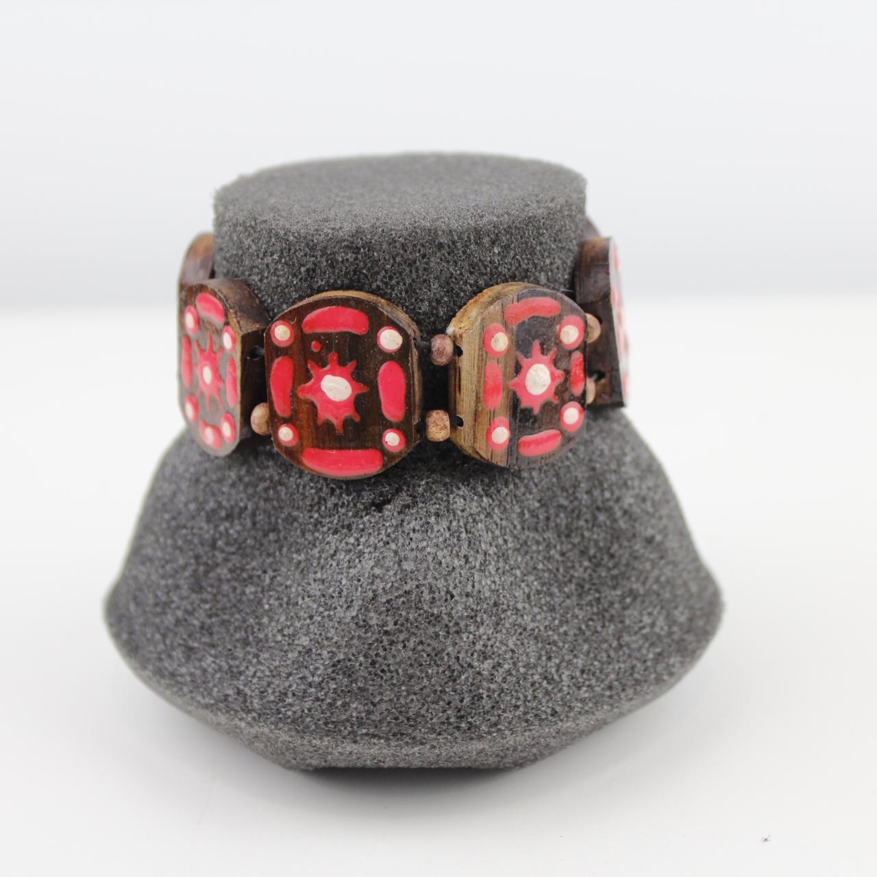 Handmade Wooden Bracelet Red White Inlay Design Ethnic Jewel