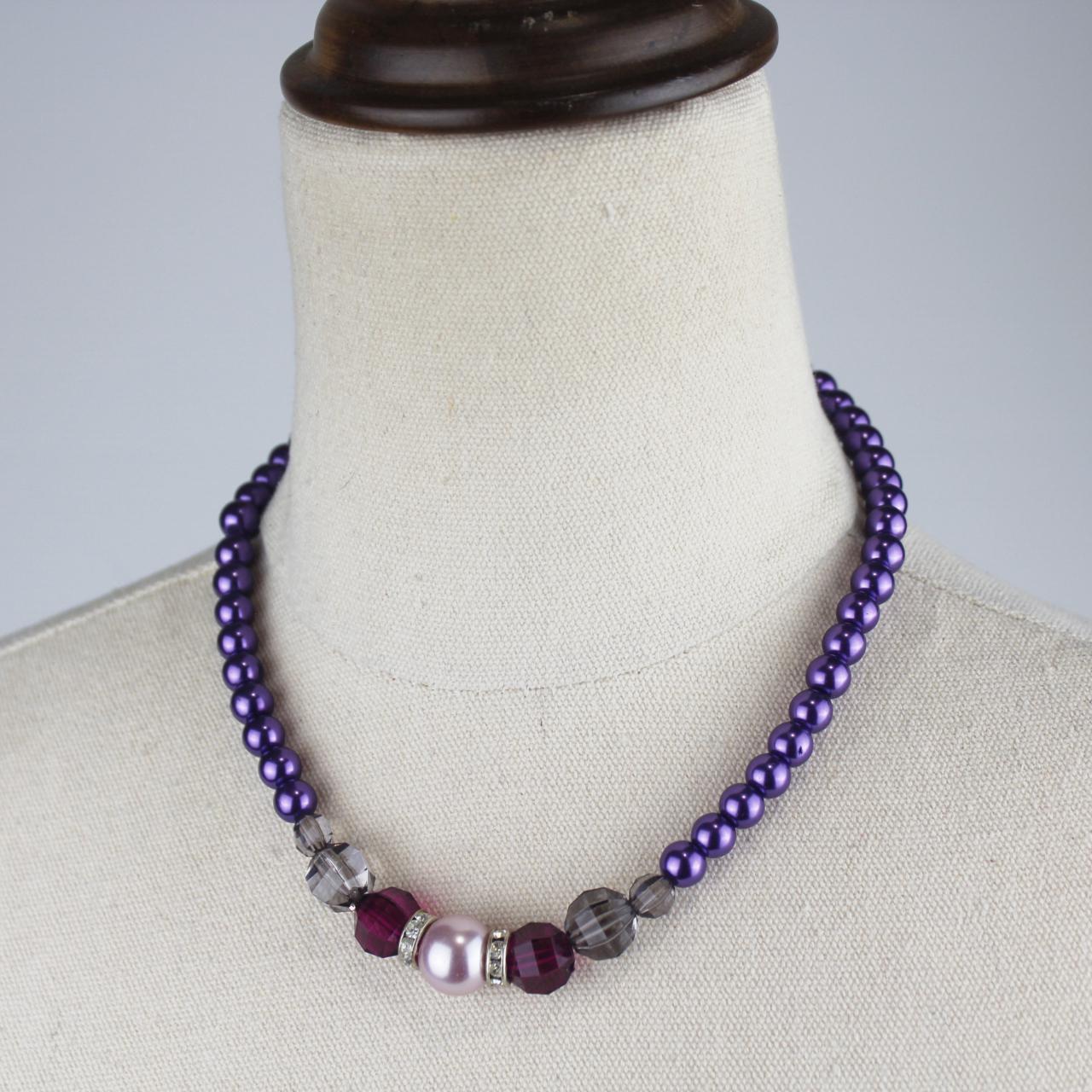 Choker Beaded Necklace Purple Pink Gray Beads Faceted Crysta