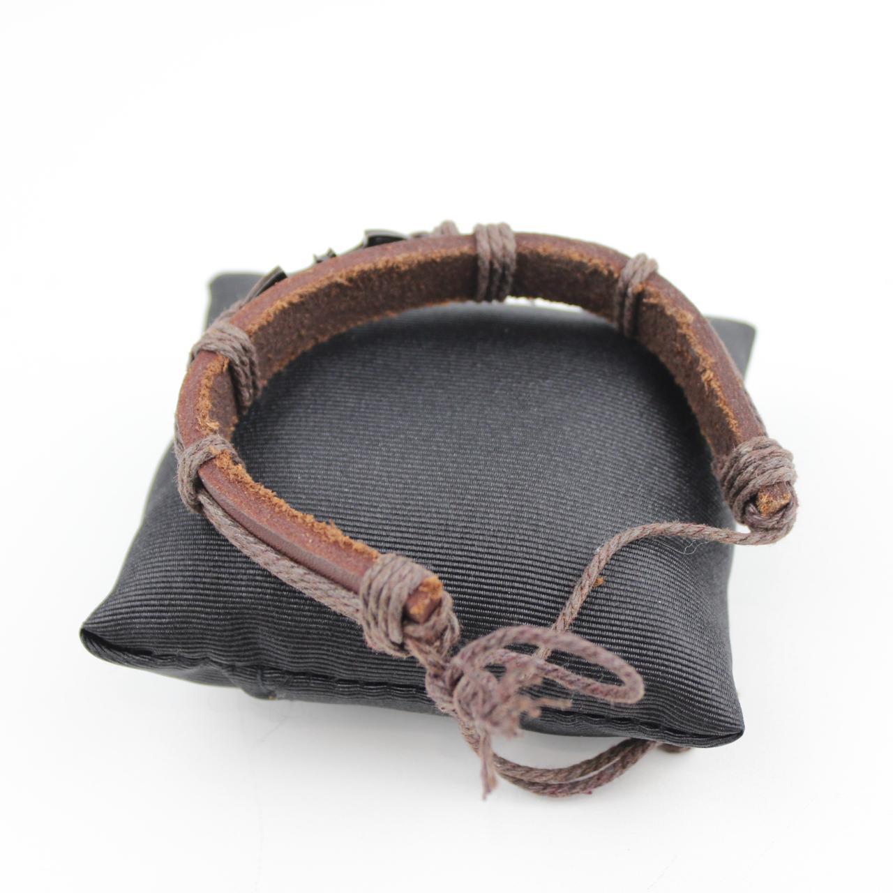 Brown Leather Bracelet Batman Logo Charm Copper Tone Jewelry