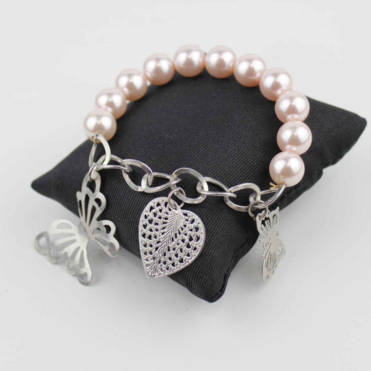 Pink Pearl Bracelet Silver Chain Butterfly Heart Charm Jewel