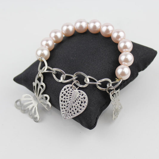 Pink Pearl Bracelet Silver Chain Butterfly Heart Charm Jewel