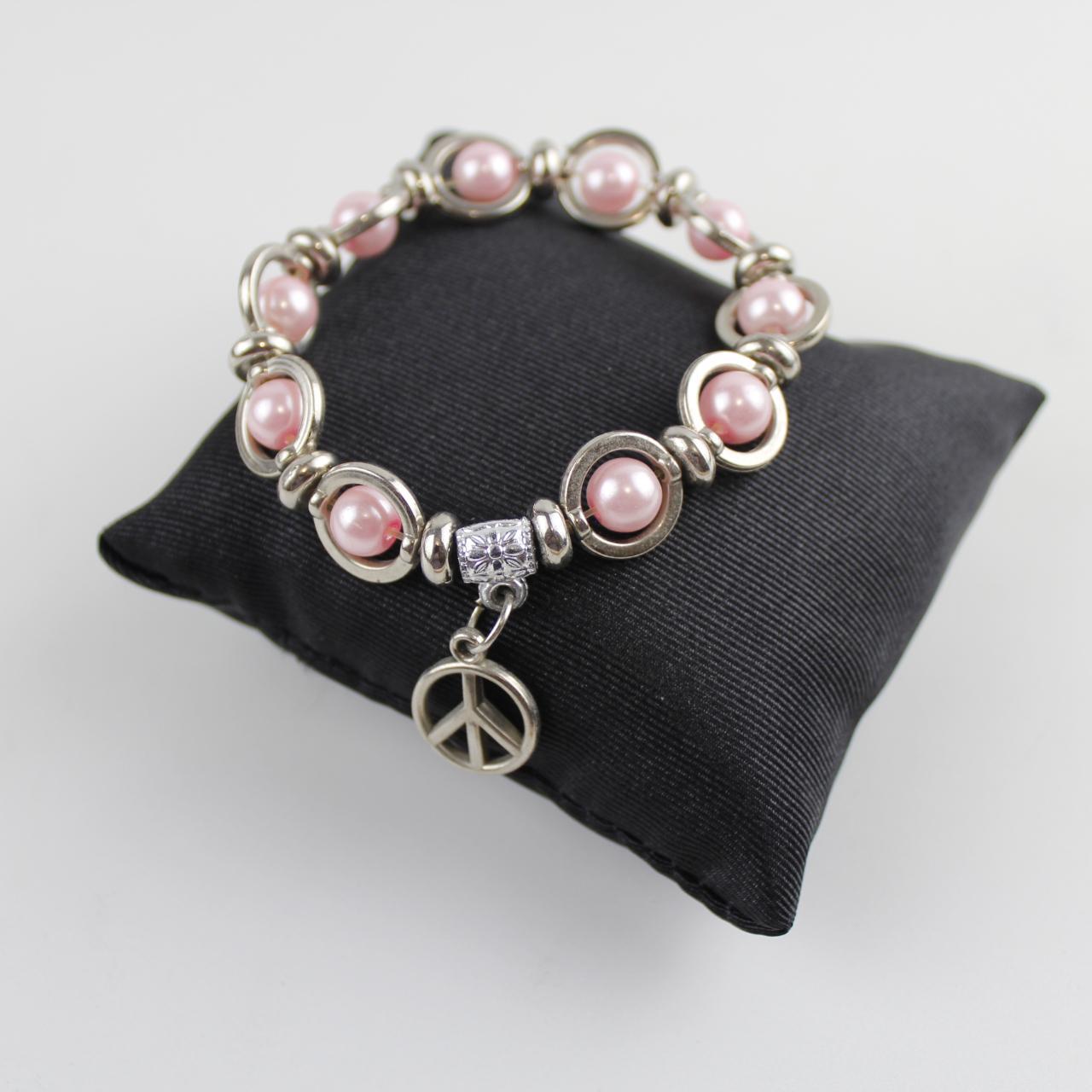 Pink Pearl & Silver Peace Sign Charm Bracelet Beaded Fashion