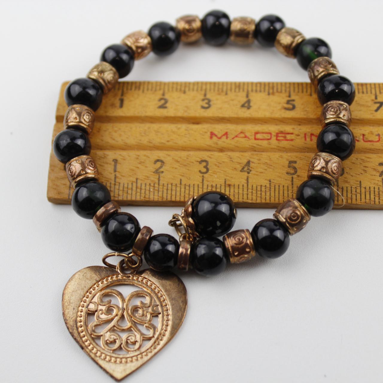 BlackBead Bracelet Gold Tone Spacer Heart Charm Jewelry Fash