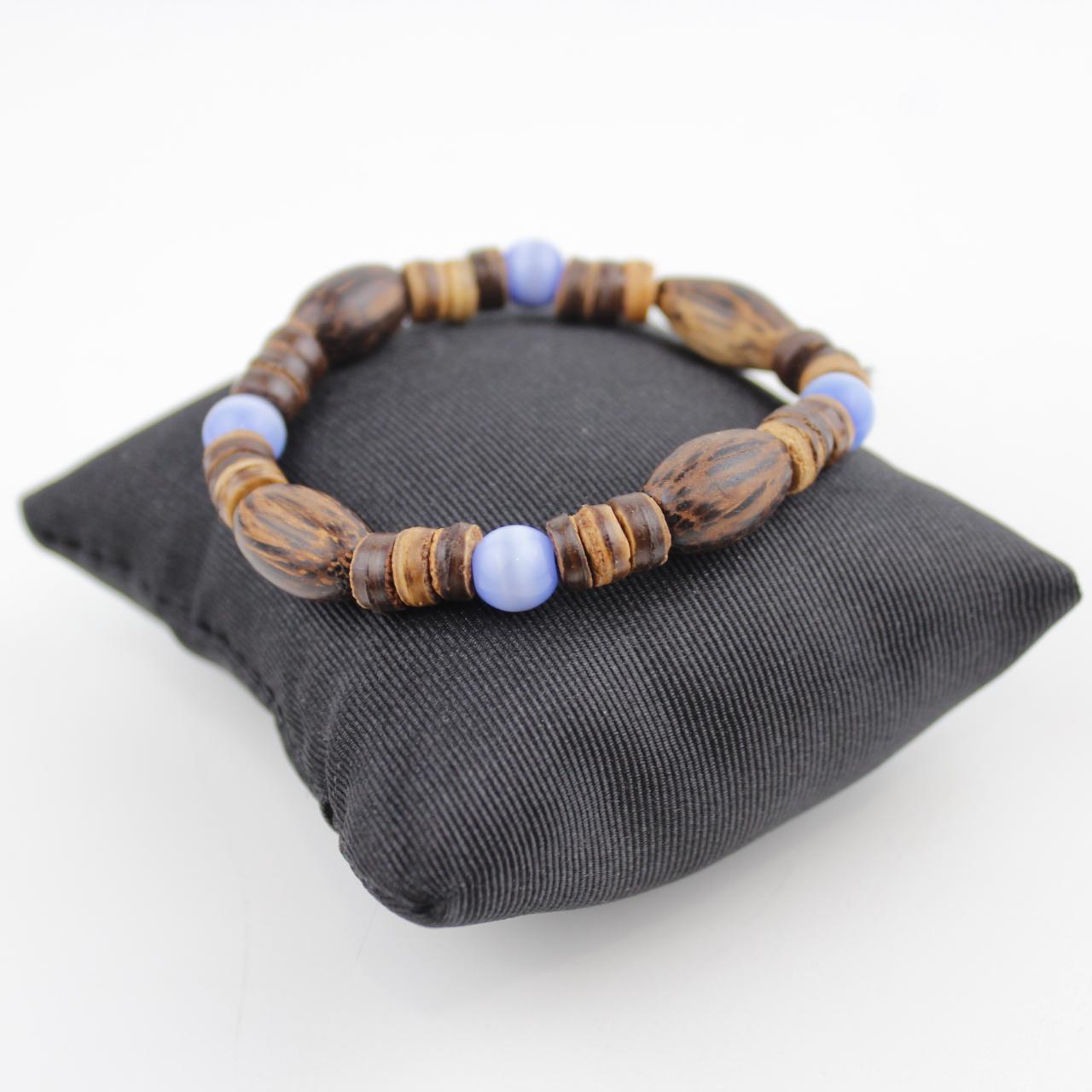 Wooden Bead Bracelet Brown Blue Glass Beads Bohemian Stretch