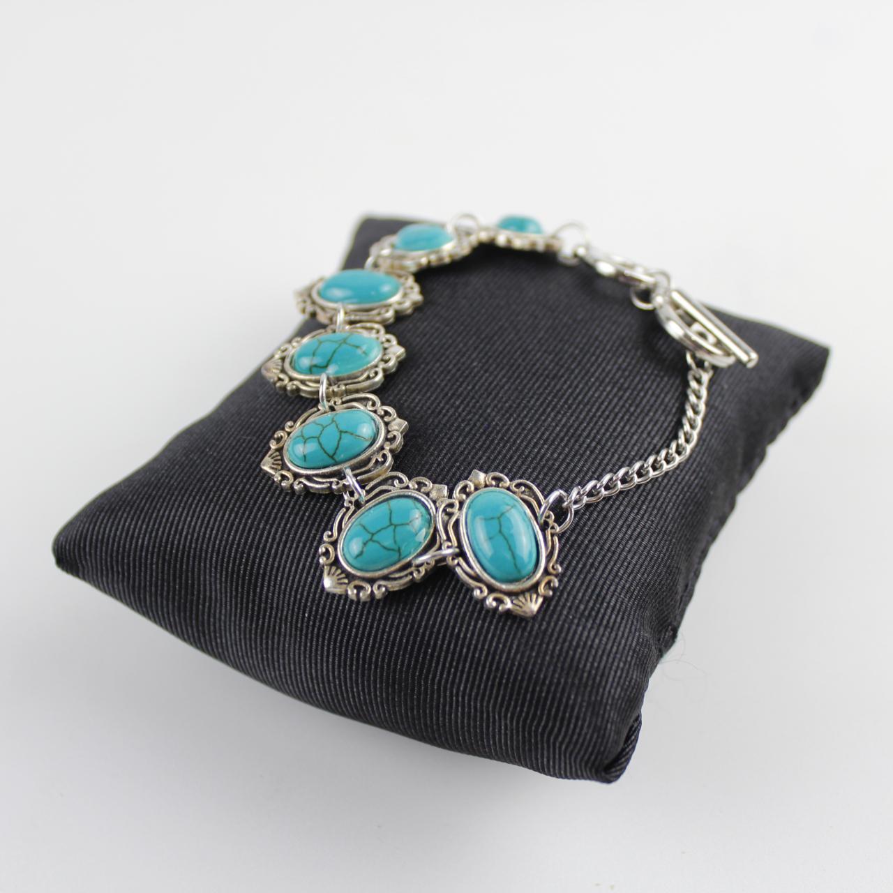 Vintage Turquoise & Silver colour Bracelet Oval Boho Stateme