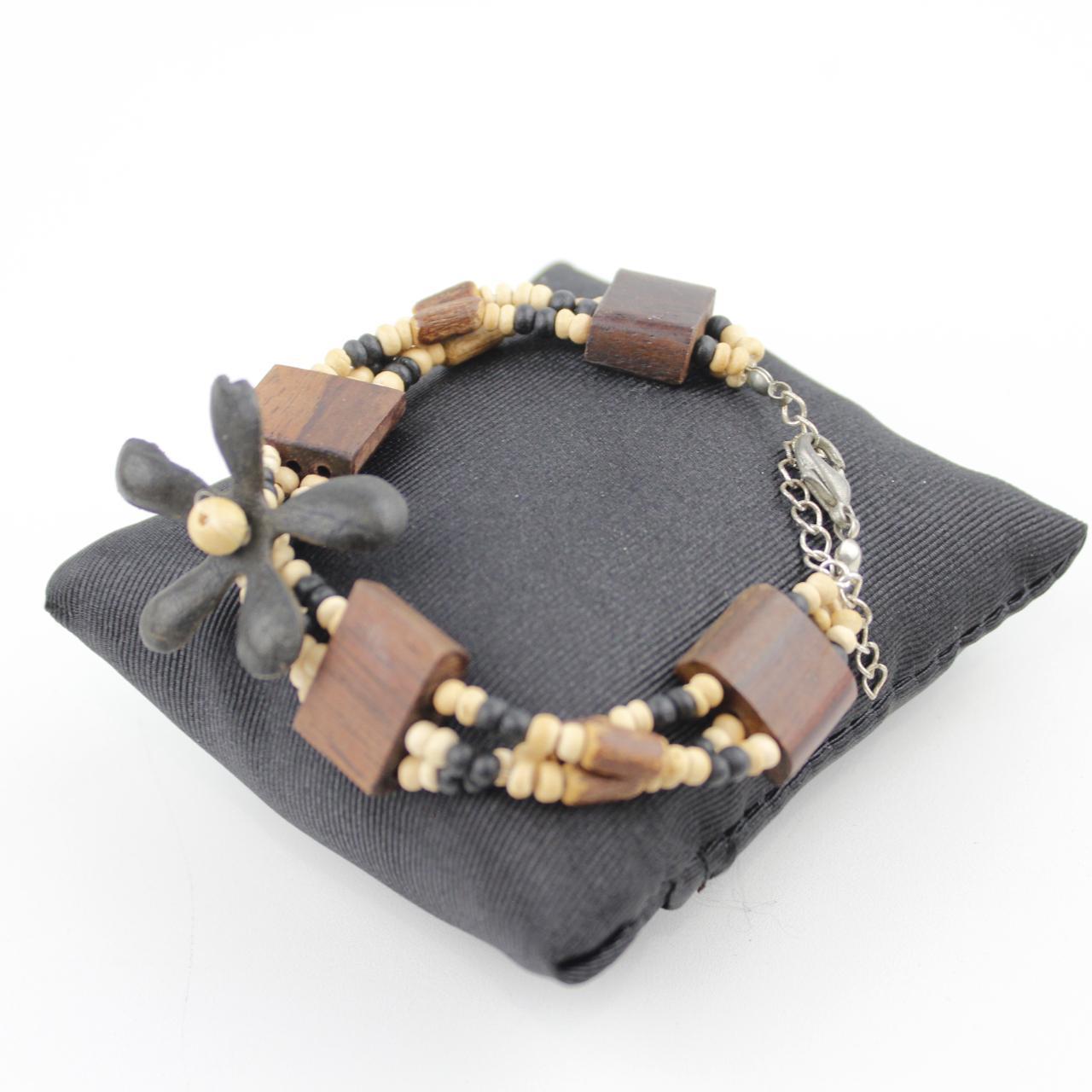 Multi Strand Beaded Bracelet Black White Beige Wooden Beads