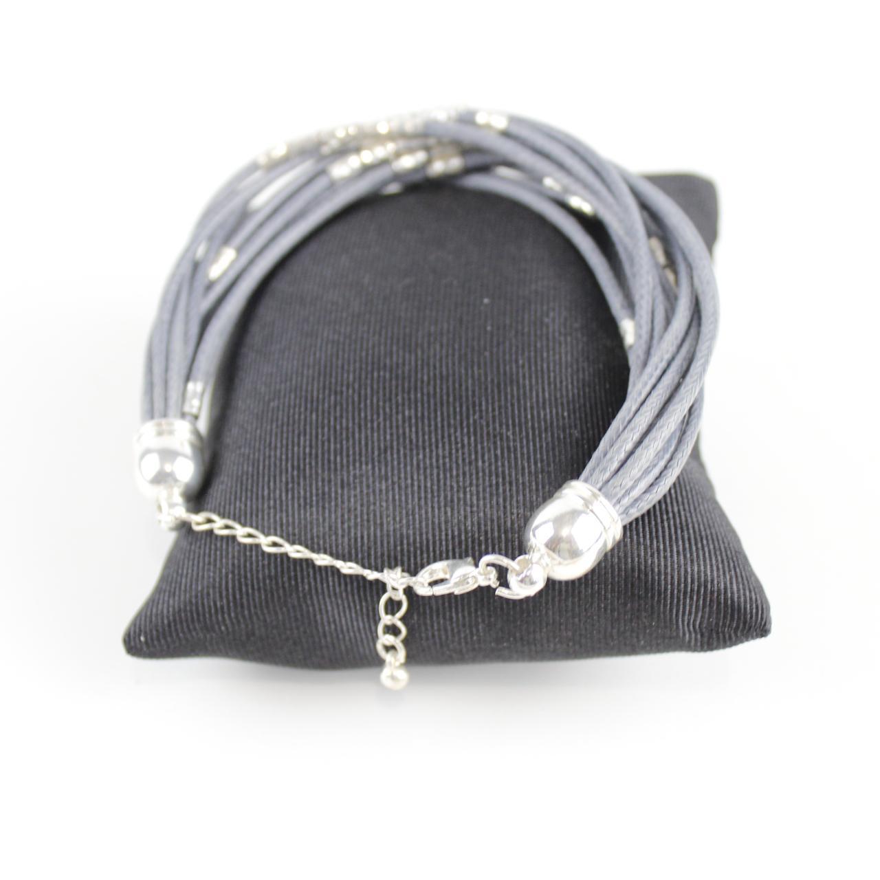 Cord Bracelet with Silver Beads - Gray - Boho Chic - Multi-S