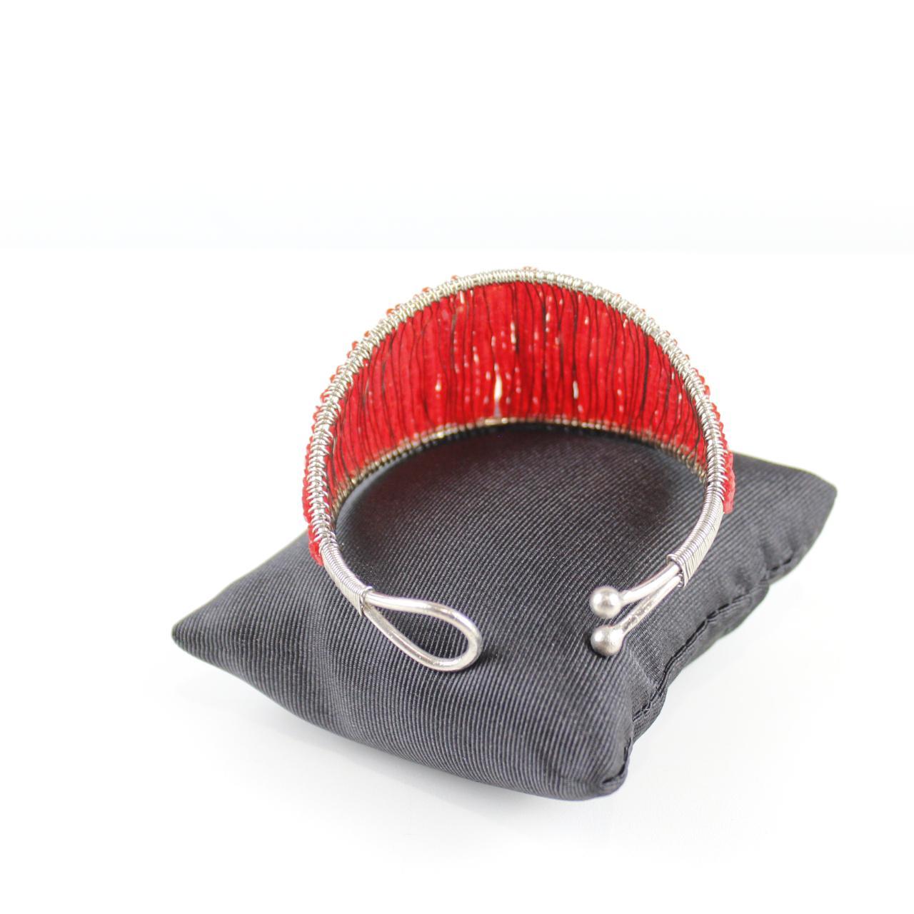 Red Coral Bead Bracelet - Silver Wire Wrapped - Unique Desig