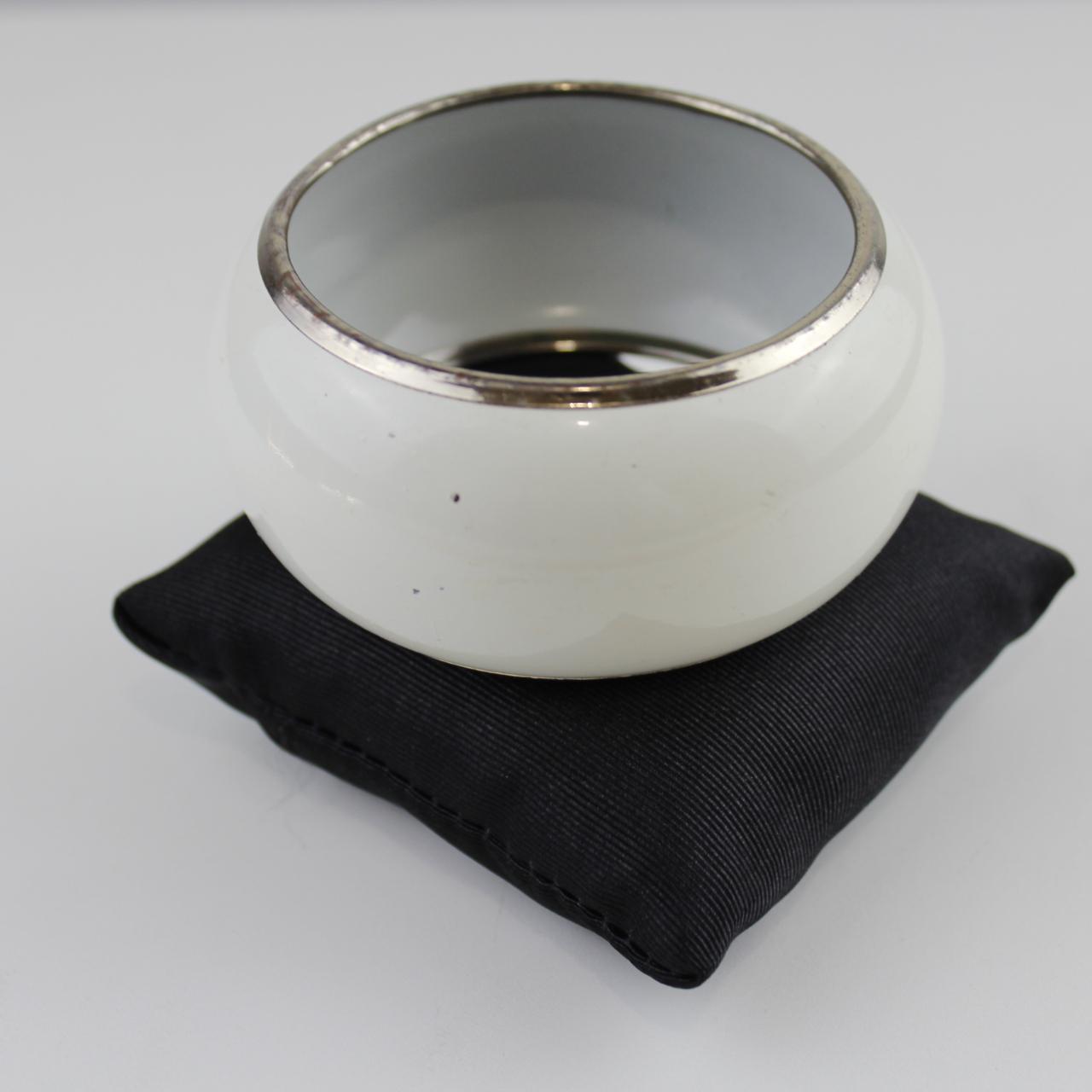 Classic White Enamel Bangle - Silver Tone Edge Trim - Modern
