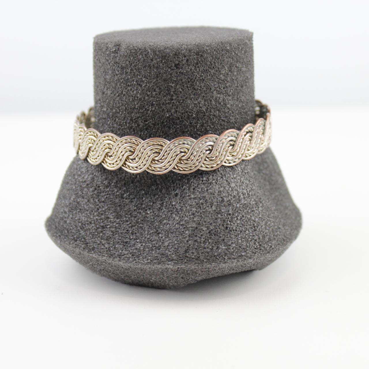 Silver Tone Braided Cuff Bracelet Vintage Style Woven Wire B