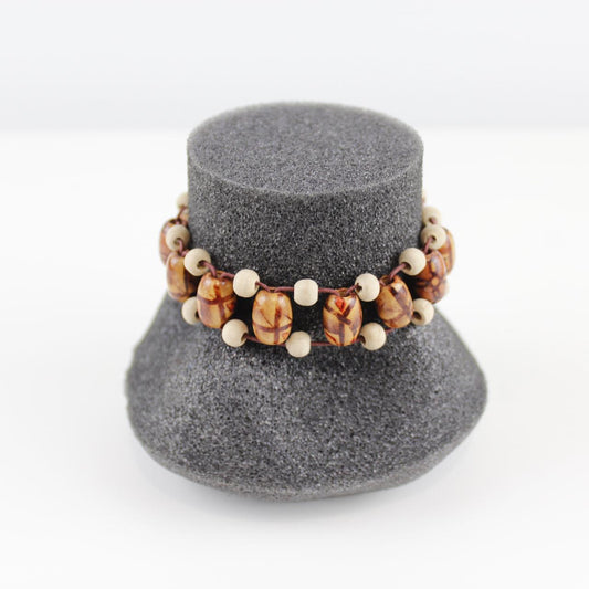 Natural Wood Bead Bracelet - Etched Patterns - Boho Chic - H