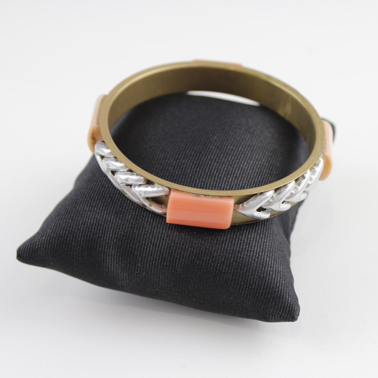 Bohemian Gold-Tone Bangle Bracelet Coral Inlay Silver Chevro