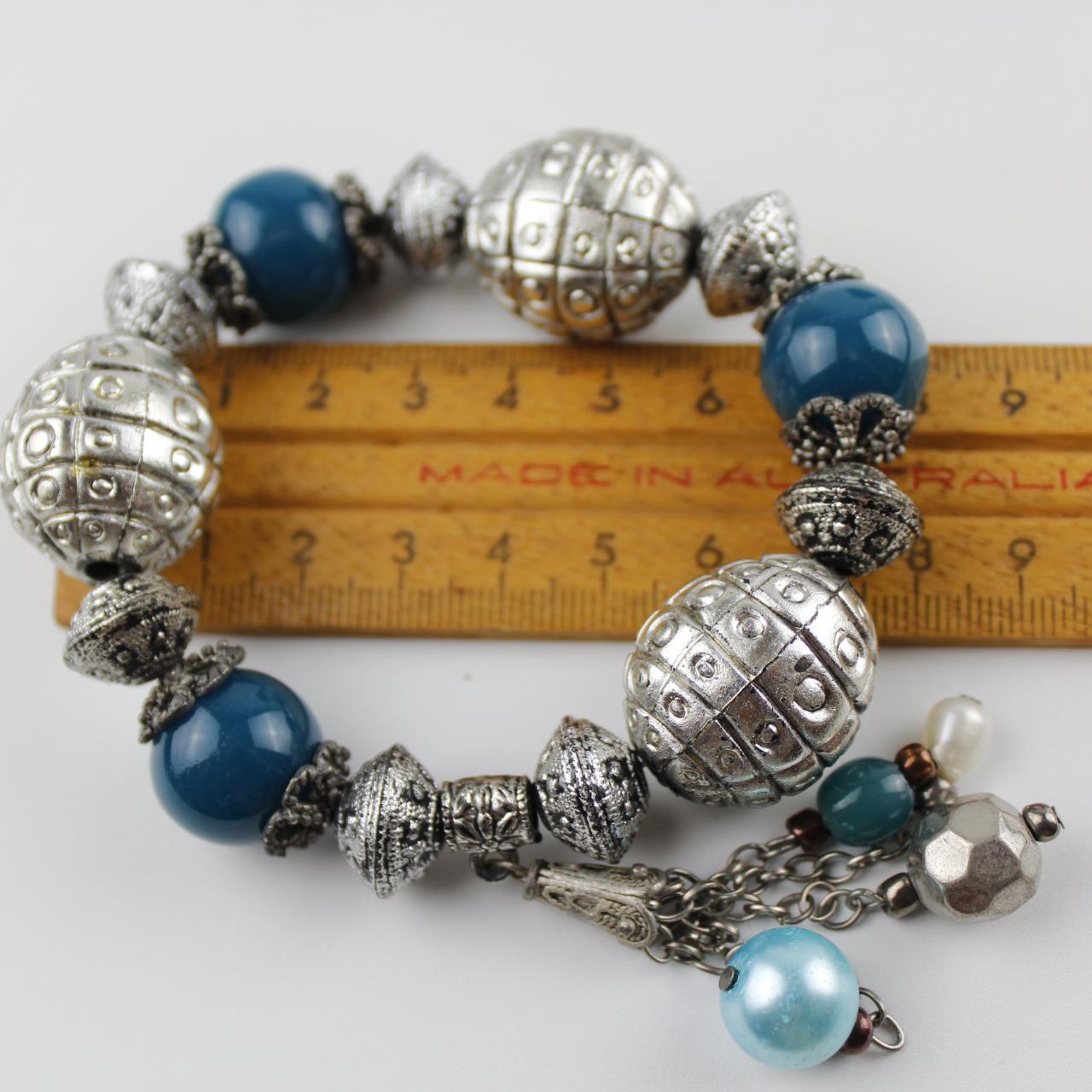 Boho Blue Beaded Bracelet Silver Tone Charm Dangle Fashion J