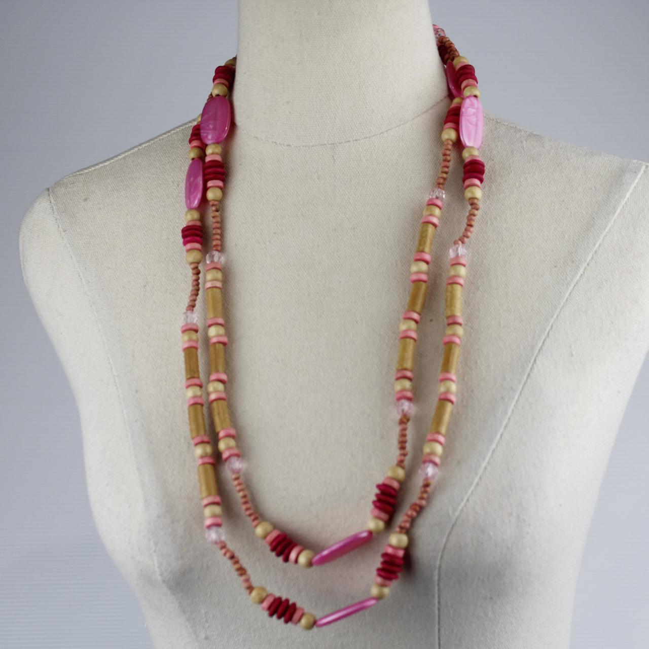 Bohemian Multi Strand Beaded Necklace Gold Pink Maroon Wood