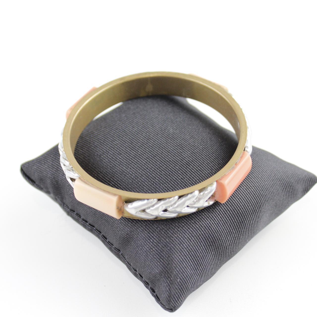 Bohemian Gold-Tone Bangle Bracelet Coral Inlay Silver Chevro