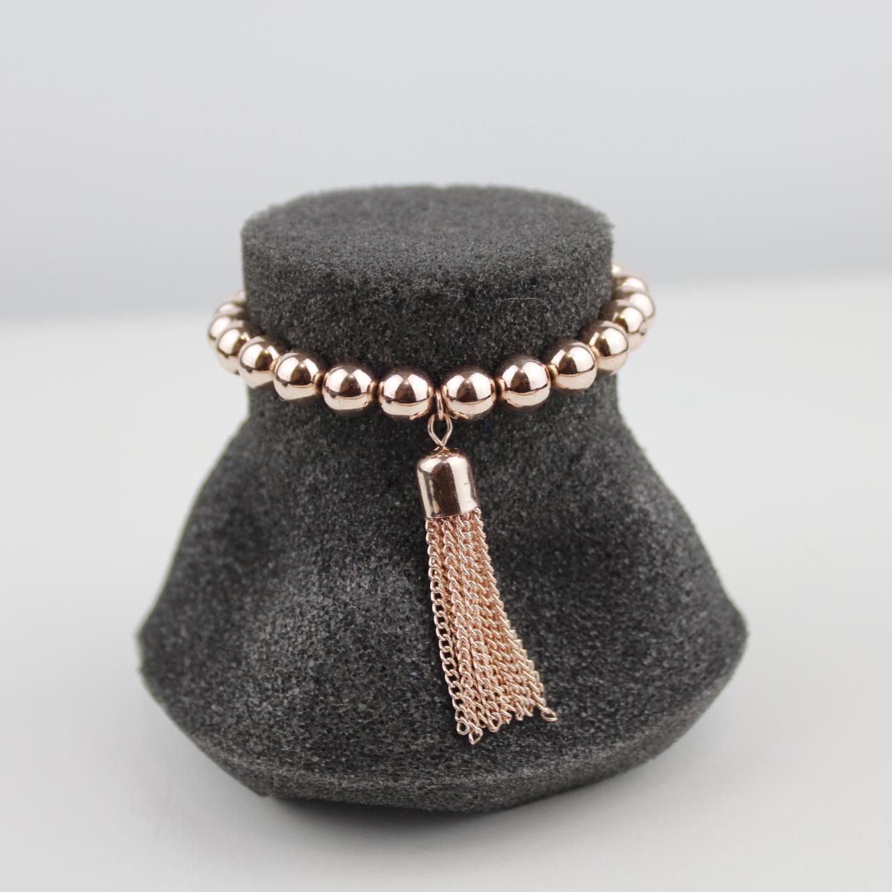 Rose Gold Bead Stretch Bracelet Tassel Charm Jewelry Fashion