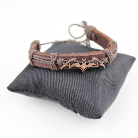 Brown Leather Bracelet Batman Logo Charm Copper Tone Jewelry