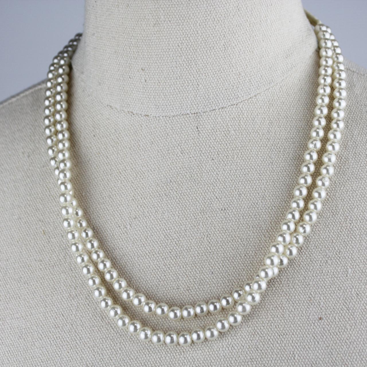 Double Strand Pearl Necklace Cream Faux Pearls Classic Elega