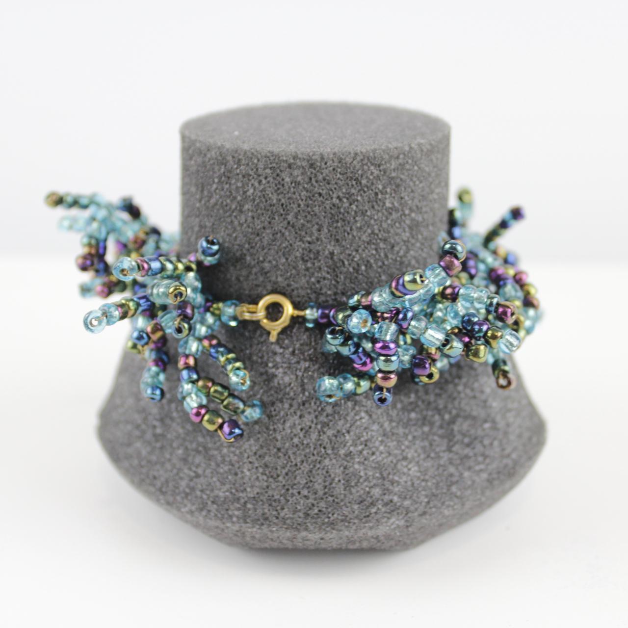 Beaded Cluster Bracelet - Blue, Green, Purple - Unique Desig